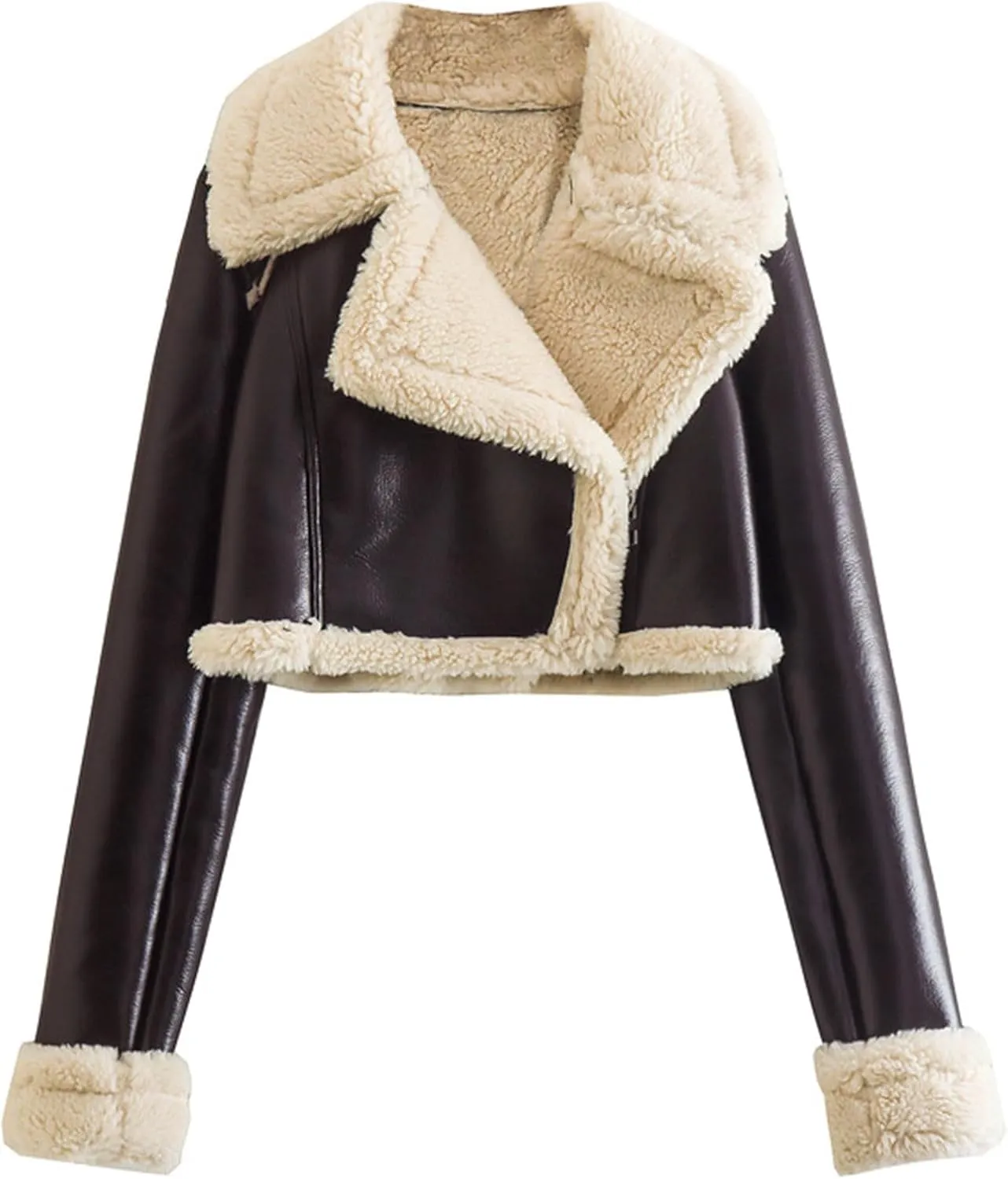 hlysgo Womens Faux Shearing Leather Jackets Sherpa-Lined Crop Coat Winter Bomber Jacket Short Outerwear Winter Clothes