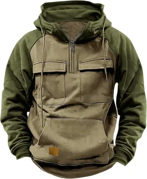 Hoodies for Men Quarter Zip Aztec Pullover Tactical Jacket Fall Vintage Outdoor Hooded Cargo Sweatshirts Multi Pocket