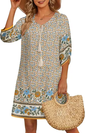 HOTOUCH Women Casual Beach Summer Dress Boho Tassel Tie Neck 3/4 Long Sleeve Short Floral Print Flowy Cover Up Sundresses