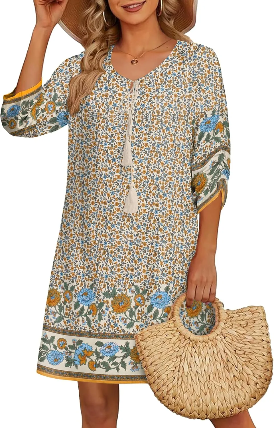 HOTOUCH Women Casual Beach Summer Dress Boho Tassel Tie Neck 3/4 Long Sleeve Short Floral Print Flowy Cover Up Sundresses