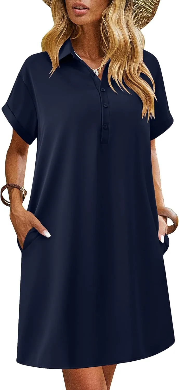 HOTOUCH Womens Summer Shirt Dress Short Sleeve Floral Shift Dress Casual Loose Flowy Beach Sundress with Pockets