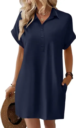 HOTOUCH Womens Summer Shirt Dress Short Sleeve Floral Shift Dress Casual Loose Flowy Beach Sundress with Pockets