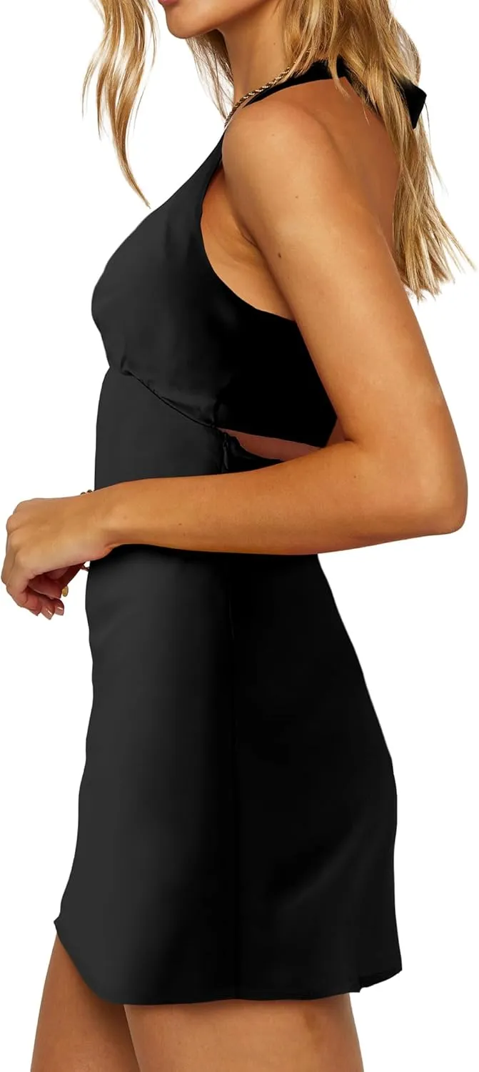 HYPERFIRE Women's Elegant Satin Mini Dress Halter V Neck Short Formal Dresses Wedding Guest