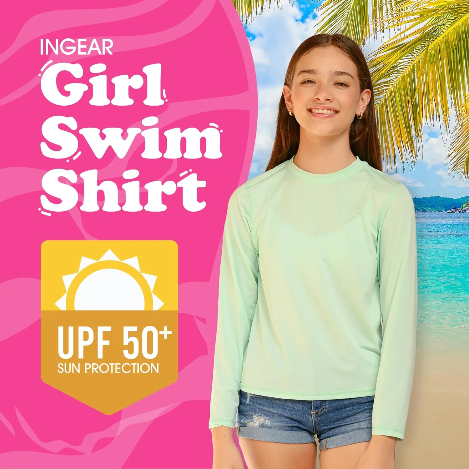 INGEAR Girls Long Sleeve Rash Guard Swim Shirt Outdoor Sports Shirt Lightweight Athletic Tee Protective Quick Dry