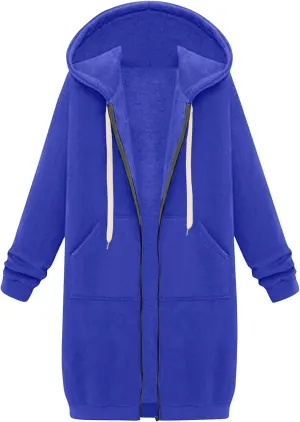 Jackets for Women Casual Zip Up Long Tunic Hoodies Winter Windproof Drawstring Hooded Jacket Outerwear with Pockets