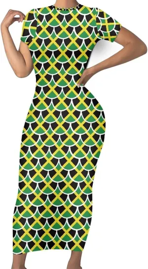 Jamaican Dress for Women Loving Jamaican Pattern Outfit Summer Party Dress Short Sleeve High Waist Long Maxi Skirts