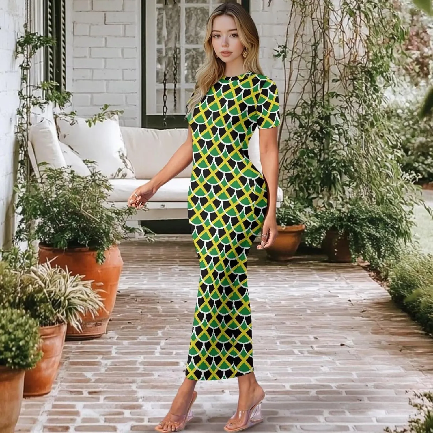 Jamaican Dress for Women Loving Jamaican Pattern Outfit Summer Party Dress Short Sleeve High Waist Long Maxi Skirts