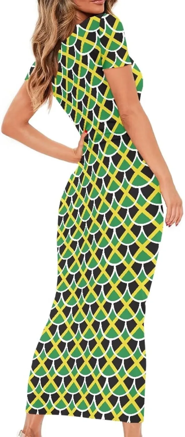Jamaican Dress for Women Loving Jamaican Pattern Outfit Summer Party Dress Short Sleeve High Waist Long Maxi Skirts