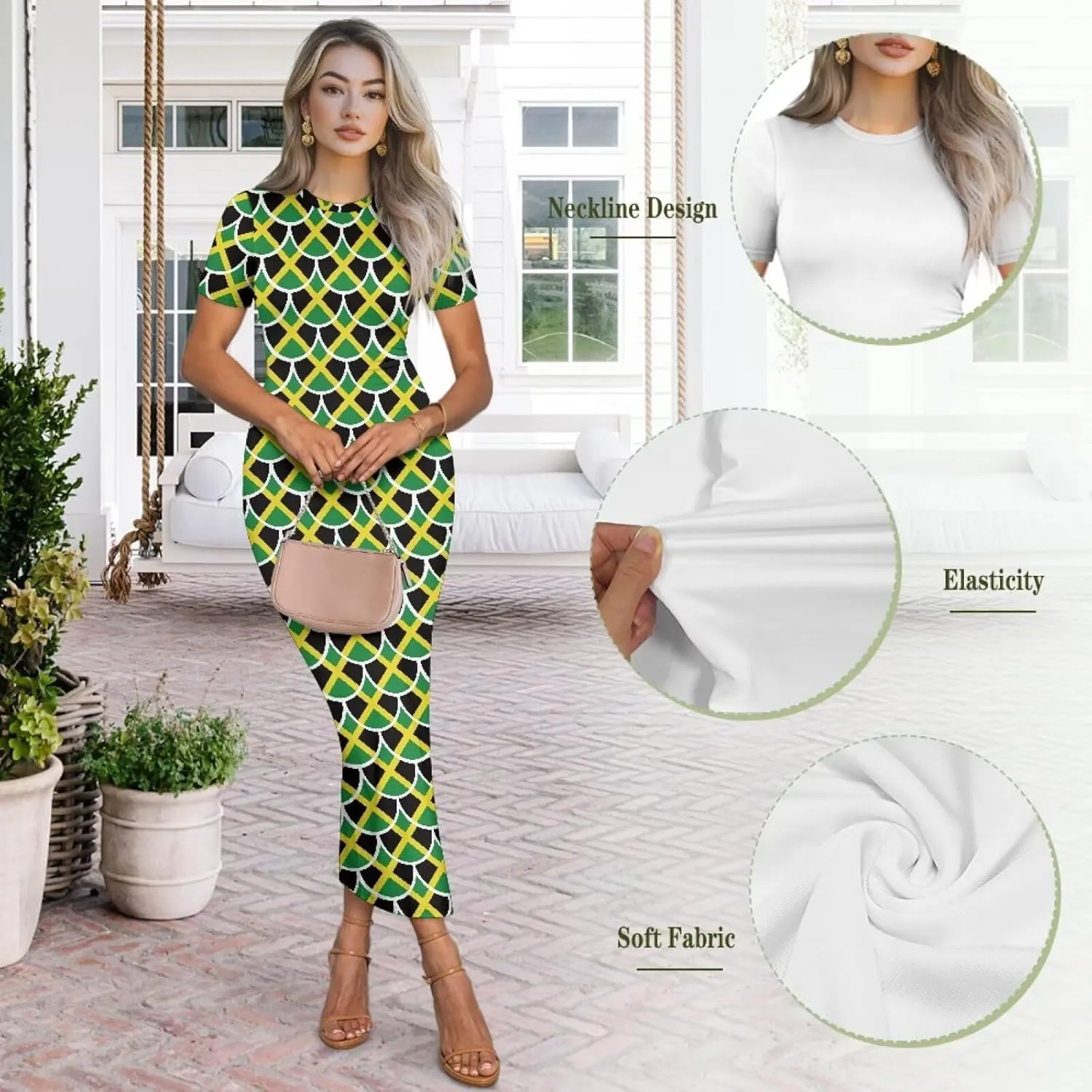 Jamaican Dress for Women Loving Jamaican Pattern Outfit Summer Party Dress Short Sleeve High Waist Long Maxi Skirts