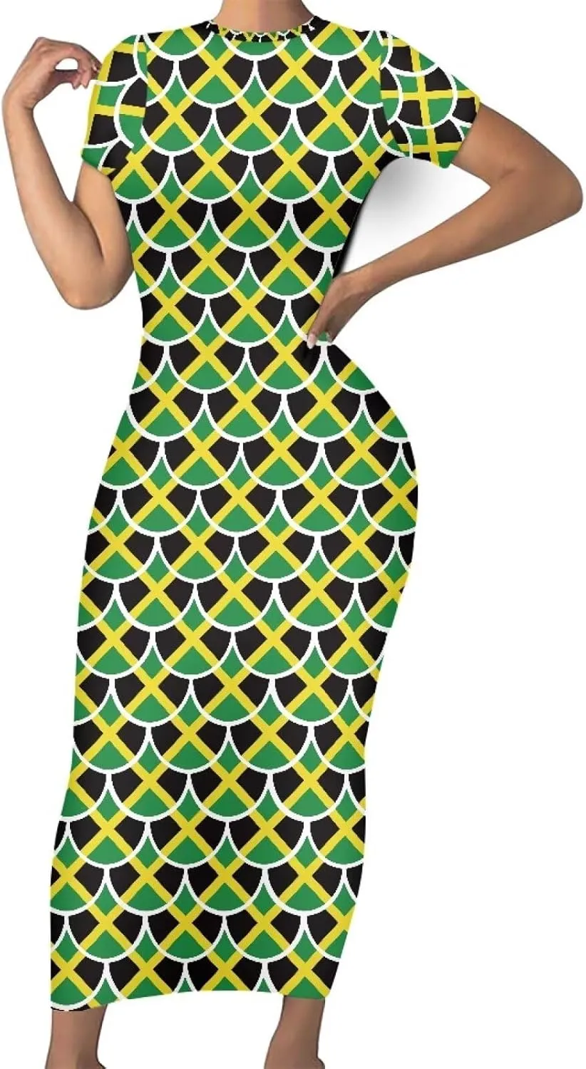 Jamaican Dress for Women Loving Jamaican Pattern Outfit Summer Party Dress Short Sleeve High Waist Long Maxi Skirts