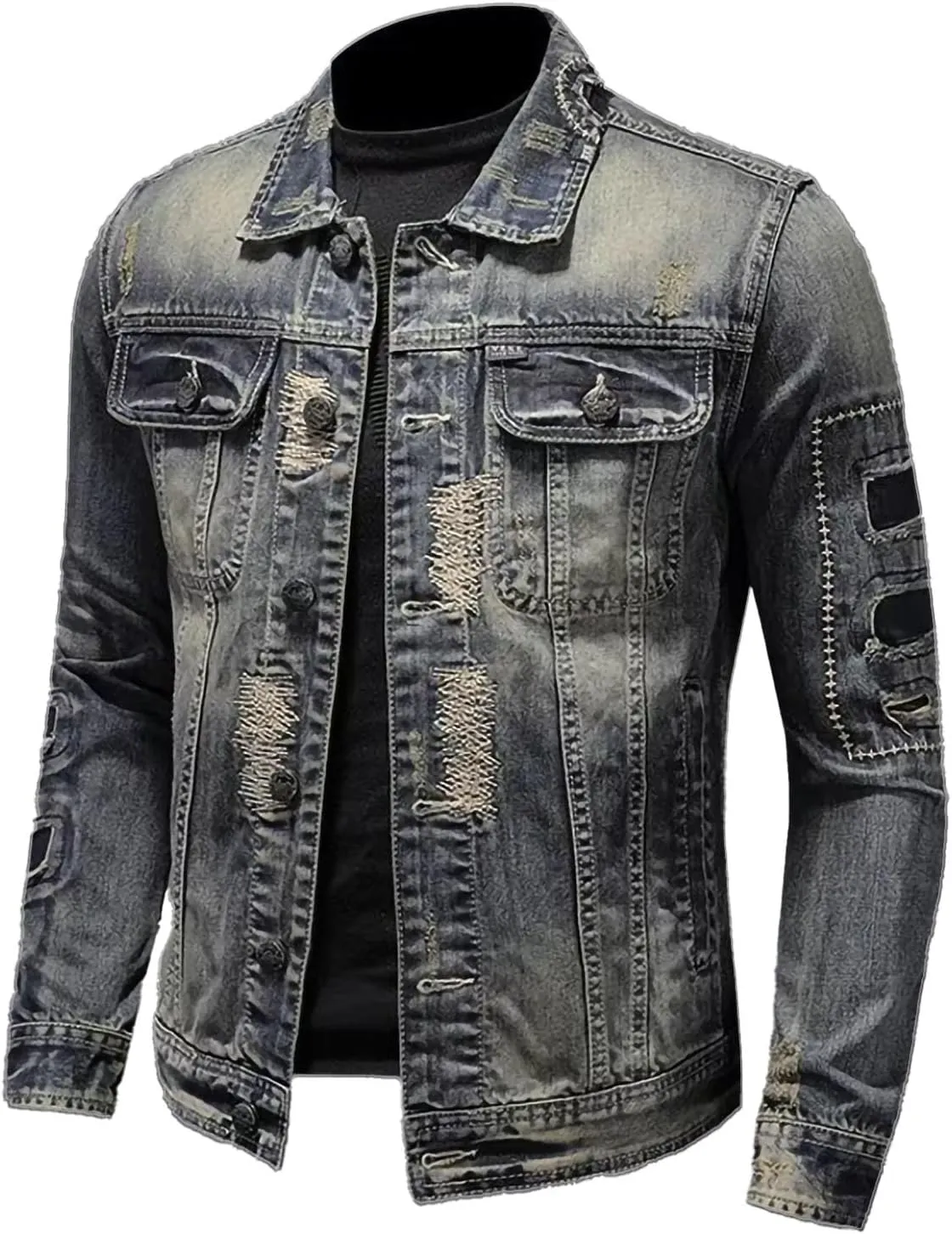 Jean Jacket for Men Slim Fit Vintage Washed Denim Jacket Coat Long Sleeve Teen Boys Hip Hop Rock Motorcycle Jackets