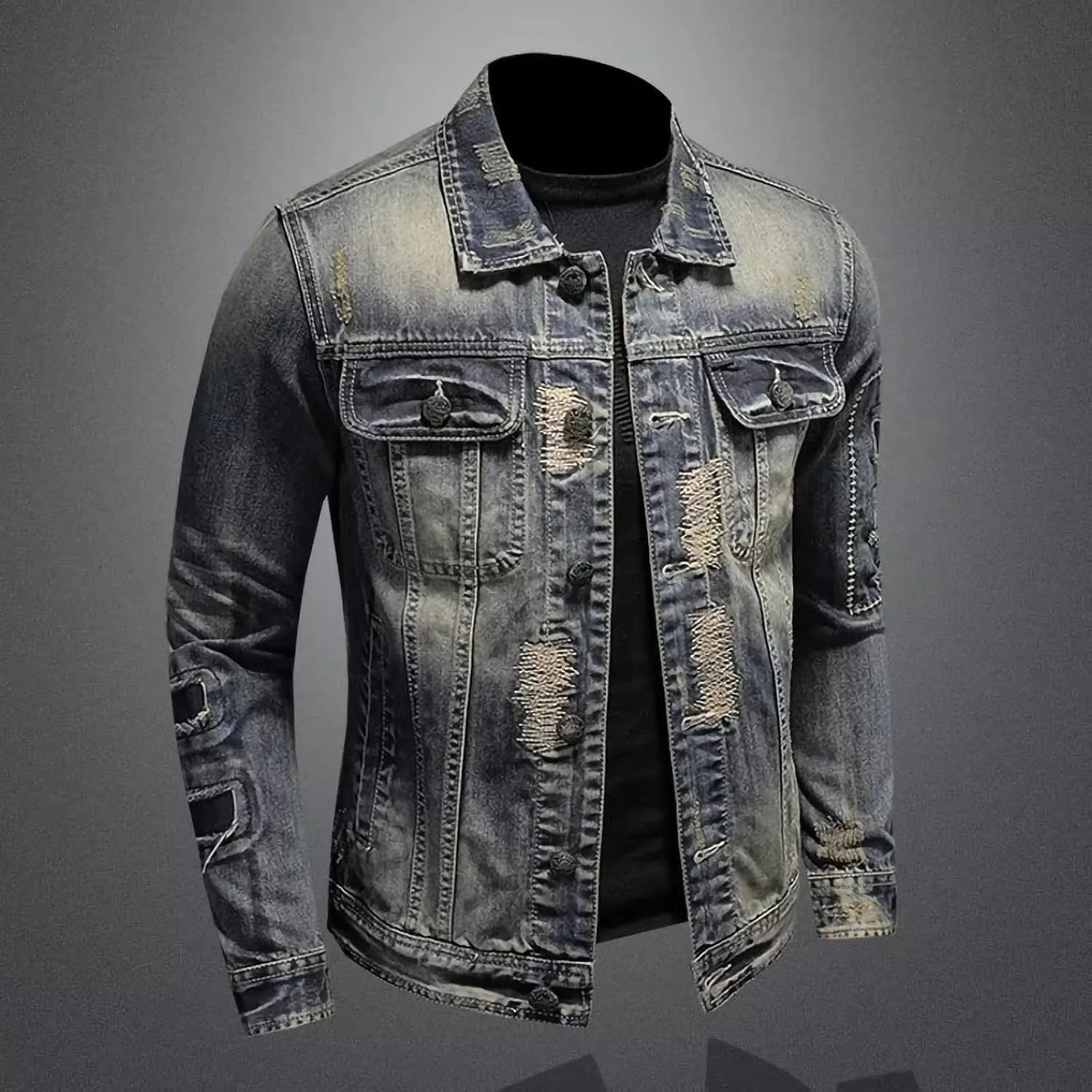 Jean Jacket for Men Slim Fit Vintage Washed Denim Jacket Coat Long Sleeve Teen Boys Hip Hop Rock Motorcycle Jackets
