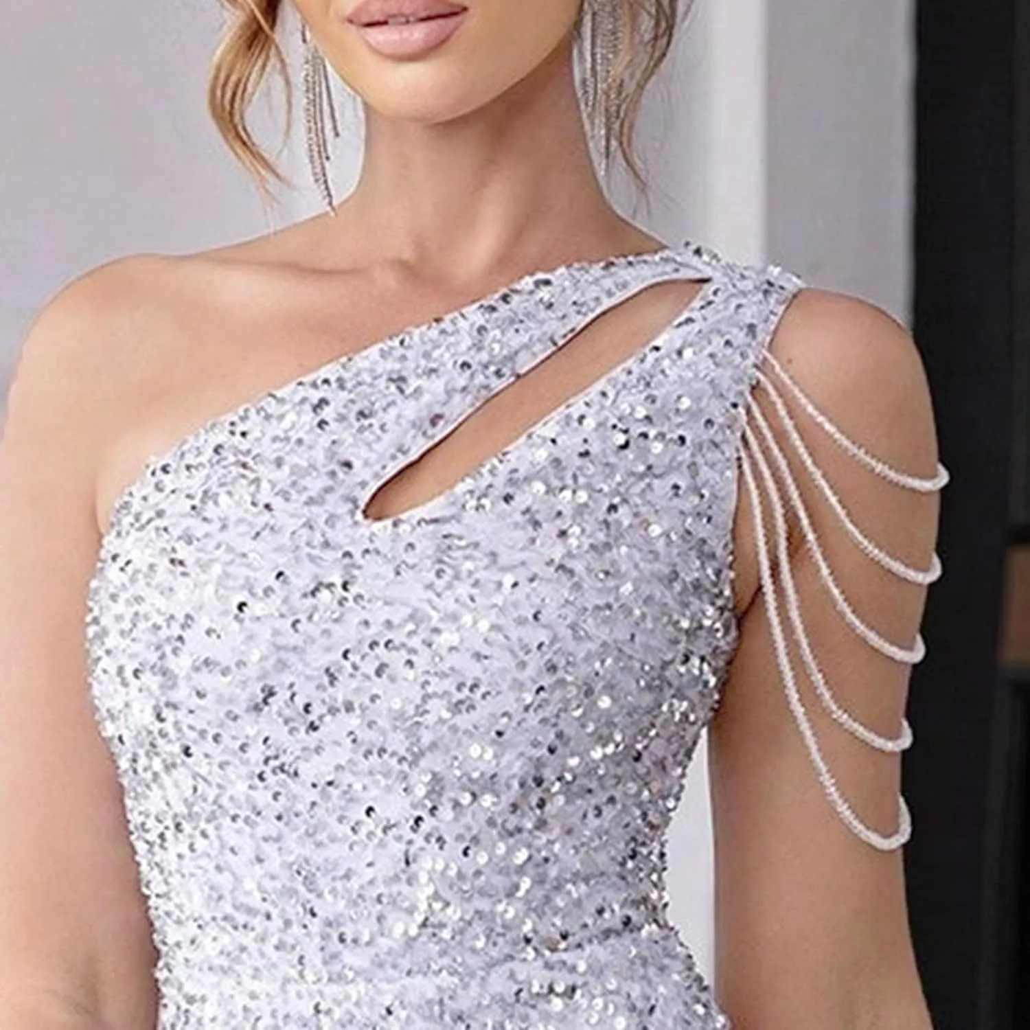 JEKE-DG Women's One Shoulder Hollow Out Mini Dress Sequin Sparkly Bodycon Cocktail Dress Sexy Slim Fit Fashion Dresses