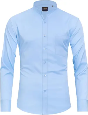 J.VER Mens Banded Collar Dress Shirts Long Sleeve Button Down Mandarin Collar Shirt Solid Stretch Shirt with Pocket