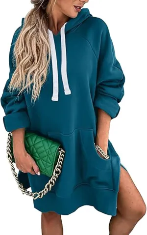 Kapley The Warmy Oversized Hoodie Dress Women, First Ones Oversized Hoodies, Women's Casual Long Sleeve Split Hem with Pocket