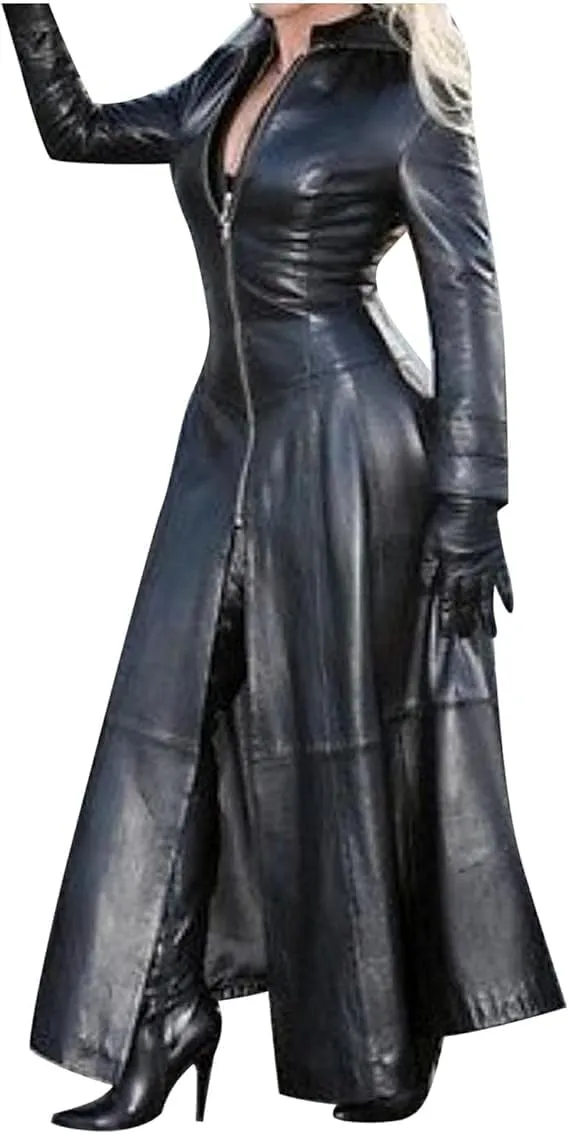 KELYWELL PU Faux Leather Jacket for Women Sexy Plus Size Trench Coat Cool Moto Jackets Zipper Overcoat Maxi Jacket Dress