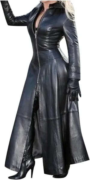 KELYWELL PU Faux Leather Jacket for Women Sexy Plus Size Trench Coat Cool Moto Jackets Zipper Overcoat Maxi Jacket Dress