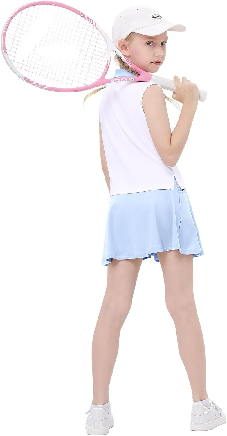 Kids Girls Tennis Golf Dress Outfit Sleeveless Dress with Pockets Athletic Skorts and Polo Tank Top Sets