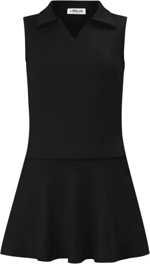 Kids Girls Tennis Golf Dress Outfit Sleeveless Dress with Pockets Athletic Skorts and Polo Tank Top Sets