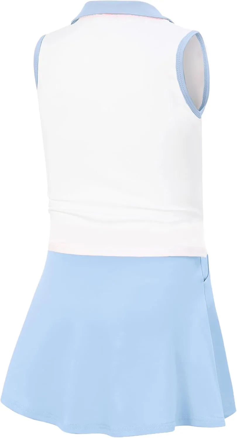 Kids Girls Tennis Golf Dress Outfit Sleeveless Dress with Pockets Athletic Skorts and Polo Tank Top Sets