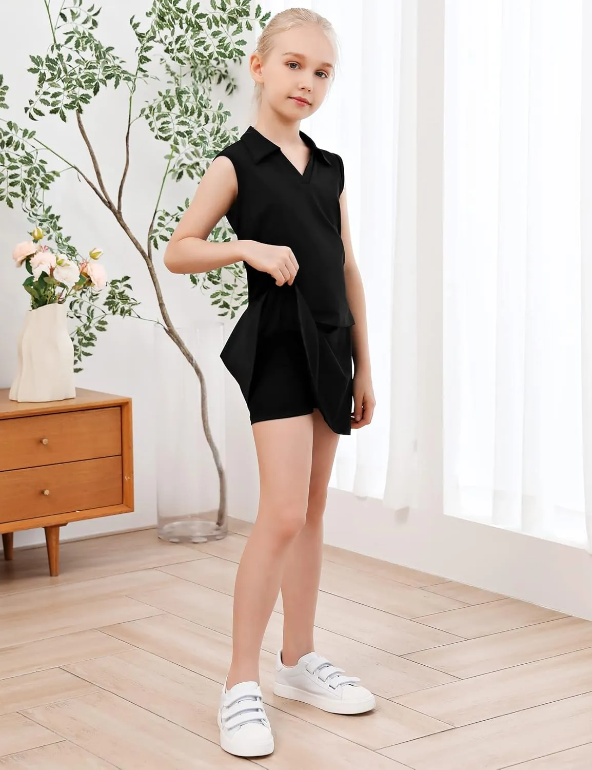 Kids Girls Tennis Golf Dress Outfit Sleeveless Dress with Pockets Athletic Skorts and Polo Tank Top Sets