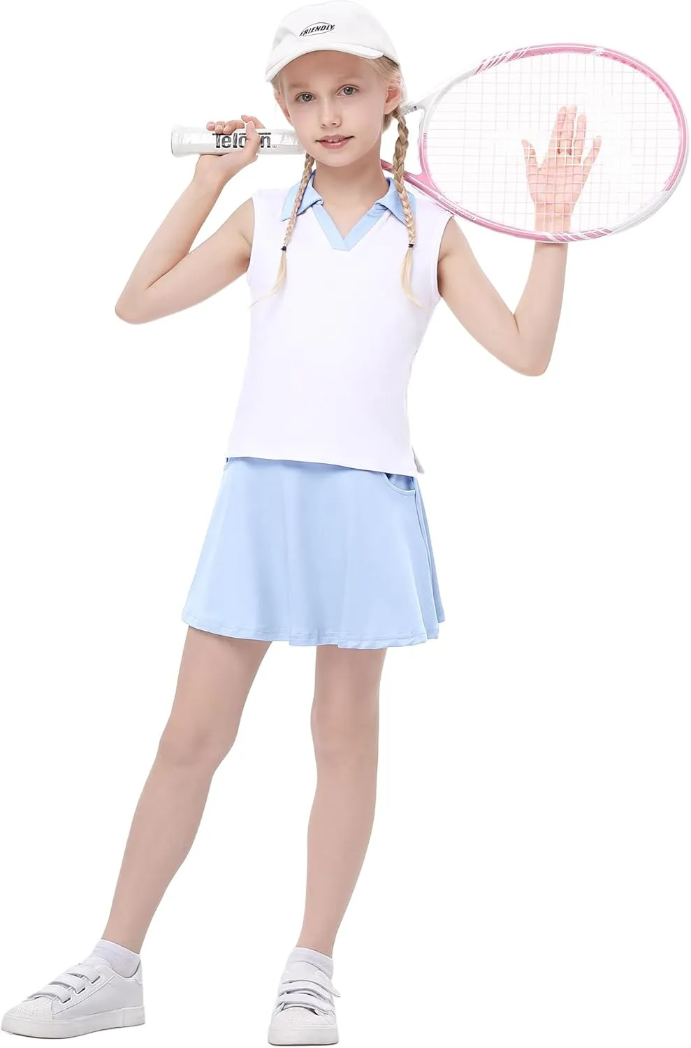 Kids Girls Tennis Golf Dress Outfit Sleeveless Dress with Pockets Athletic Skorts and Polo Tank Top Sets