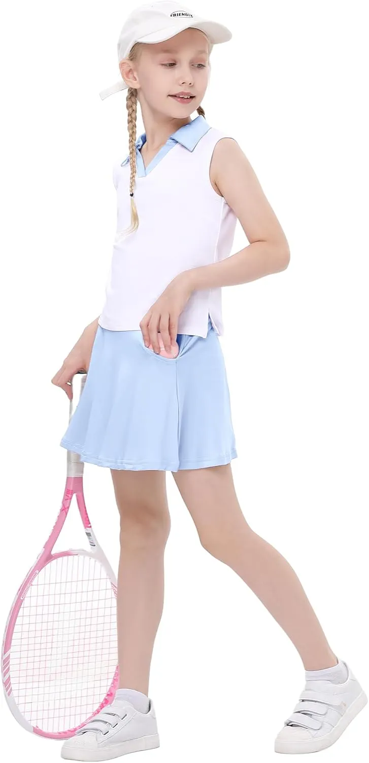 Kids Girls Tennis Golf Dress Outfit Sleeveless Dress with Pockets Athletic Skorts and Polo Tank Top Sets
