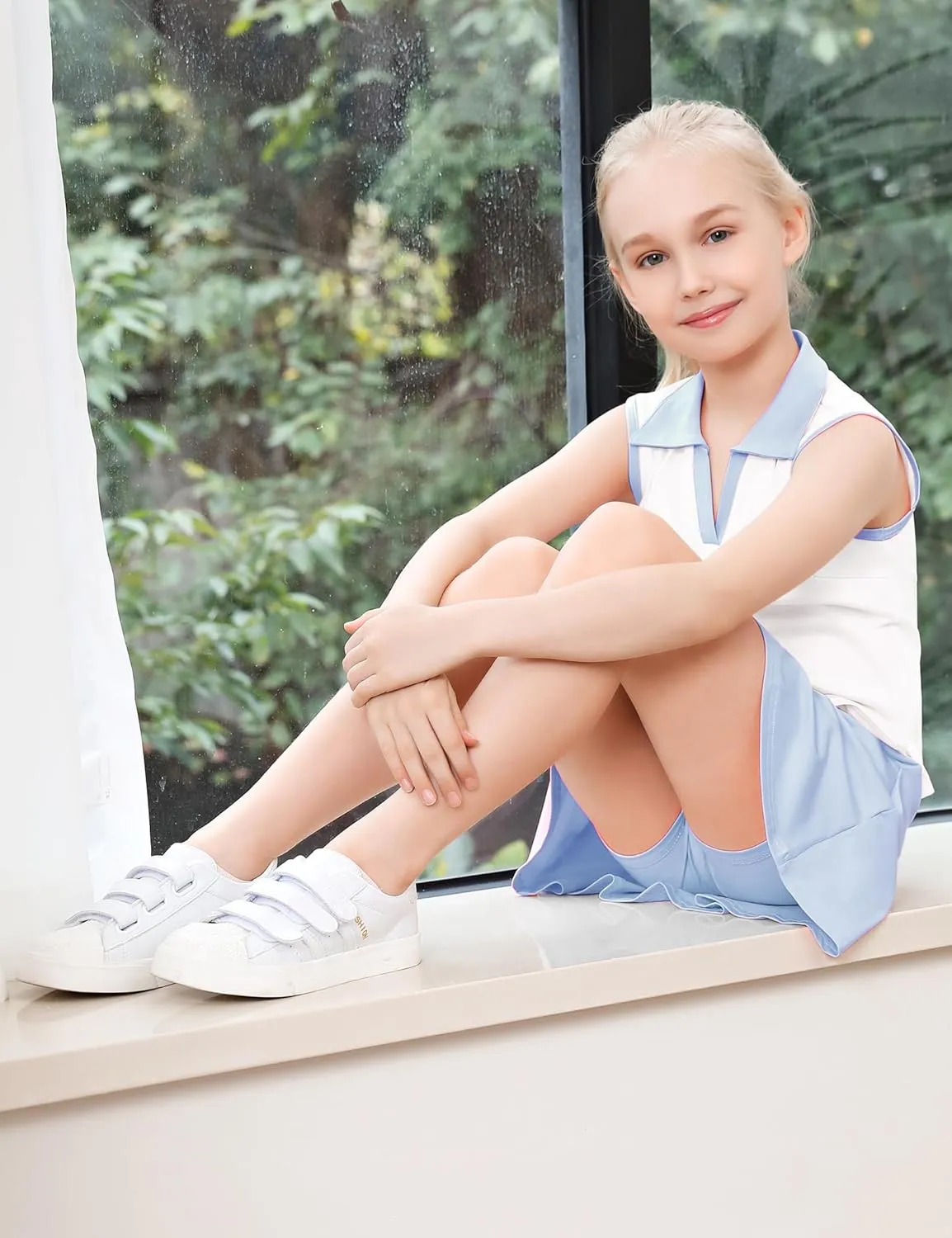 Kids Girls Tennis Golf Dress Outfit Sleeveless Dress with Pockets Athletic Skorts and Polo Tank Top Sets