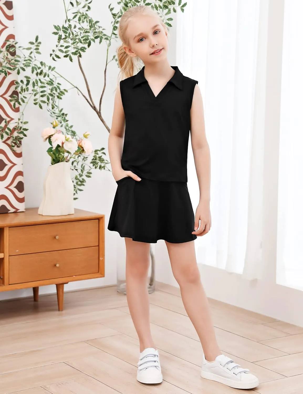 Kids Girls Tennis Golf Dress Outfit Sleeveless Dress with Pockets Athletic Skorts and Polo Tank Top Sets