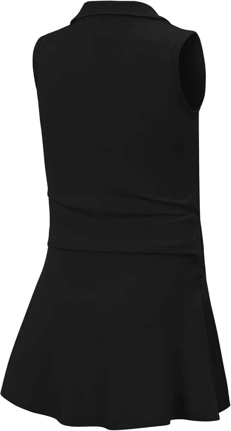 Kids Girls Tennis Golf Dress Outfit Sleeveless Dress with Pockets Athletic Skorts and Polo Tank Top Sets