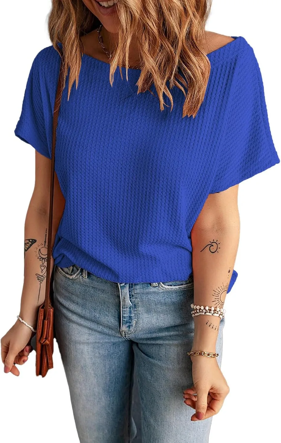 KINLONSAIR Women's Waffle Short Sleeve T Shirt Casual Loose Boat Neck Summer Tee Tops