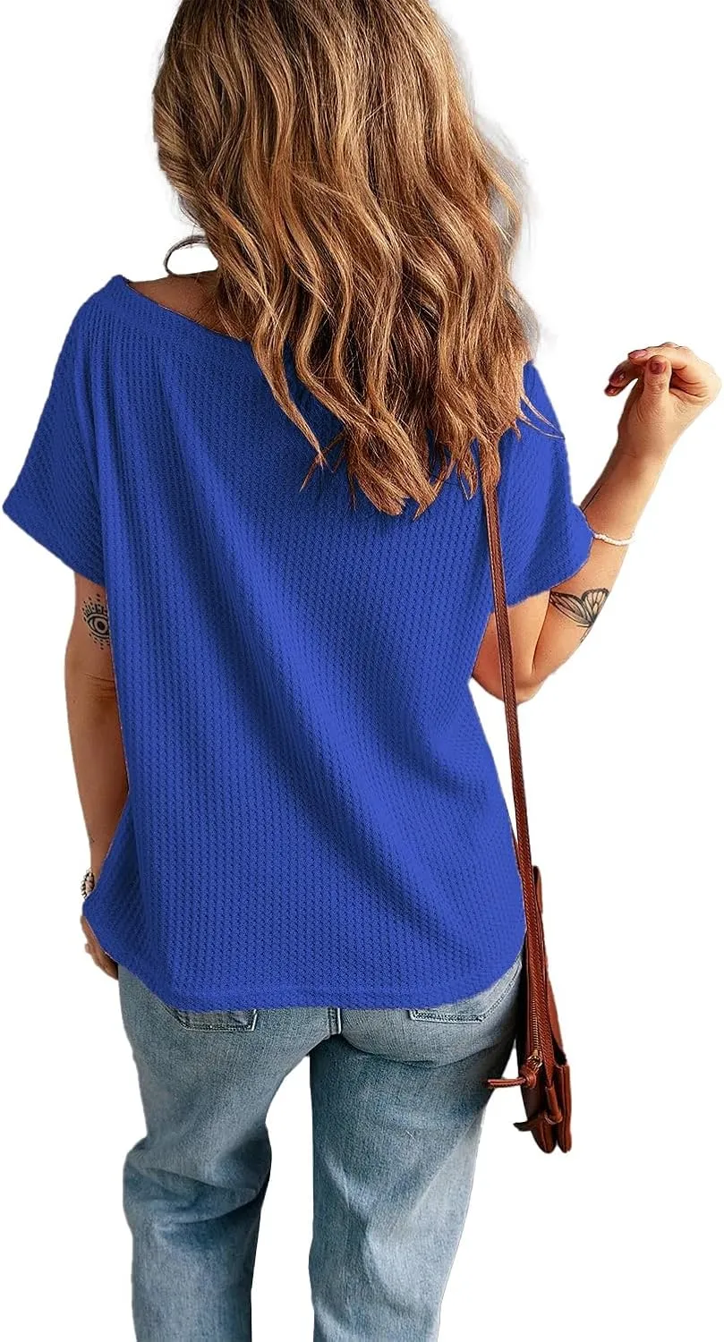 KINLONSAIR Women's Waffle Short Sleeve T Shirt Casual Loose Boat Neck Summer Tee Tops