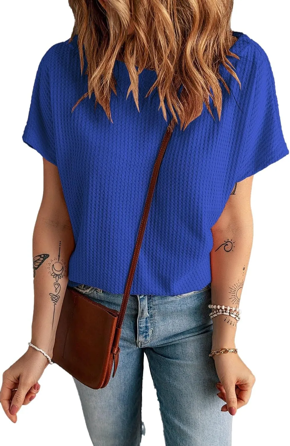 KINLONSAIR Women's Waffle Short Sleeve T Shirt Casual Loose Boat Neck Summer Tee Tops