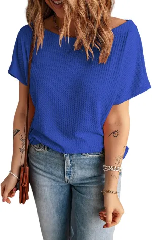 KINLONSAIR Women's Waffle Short Sleeve T Shirt Casual Loose Boat Neck Summer Tee Tops