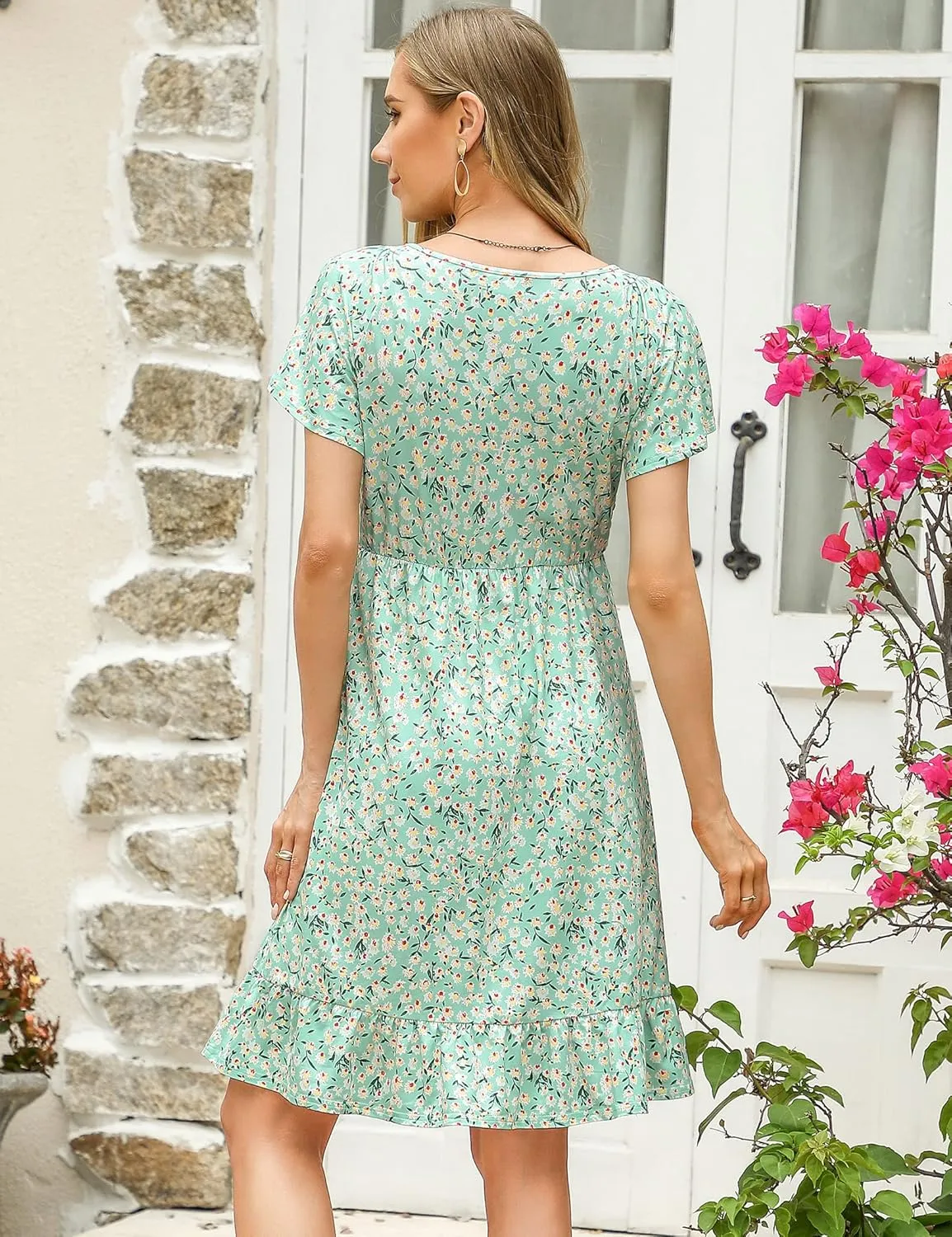KOJOOIN Women's Maternity Smocked Short Sleeve Summer Dress V Neck Boho Ruffle Casual Swing Midi Dress Baby Shower Photoshoot