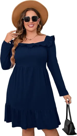 KOJOOIN Women's Plus Size Ruffle Trim Long Sleeve Dress Square Neck Elastic High Waist Belted Midi Dress