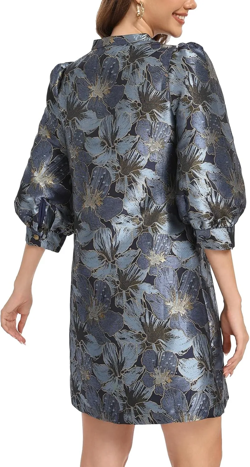 Ladyful Women's Floral Jacquard Dress Crewneck 3/4 Puff Sleeve Button Up Elegant Business Shift Mini Dress