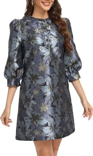 Ladyful Women's Floral Jacquard Dress Crewneck 3/4 Puff Sleeve Button Up Elegant Business Shift Mini Dress