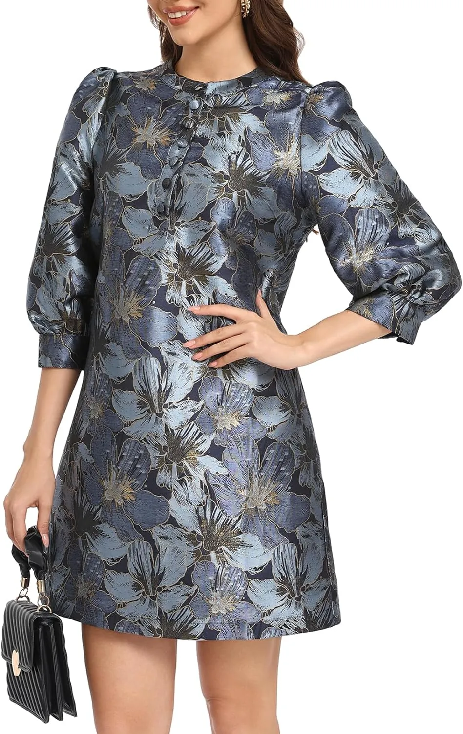 Ladyful Women's Floral Jacquard Dress Crewneck 3/4 Puff Sleeve Button Up Elegant Business Shift Mini Dress