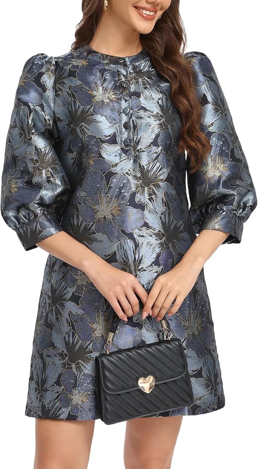 Ladyful Women's Floral Jacquard Dress Crewneck 3/4 Puff Sleeve Button Up Elegant Business Shift Mini Dress