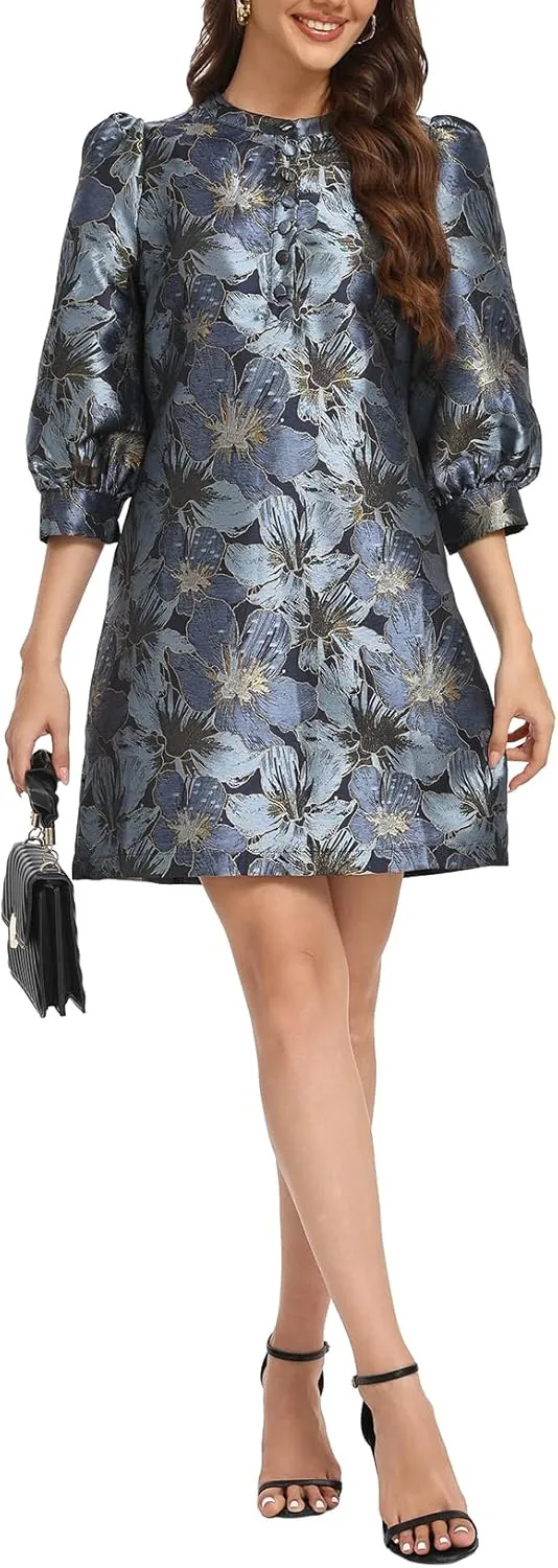 Ladyful Women's Floral Jacquard Dress Crewneck 3/4 Puff Sleeve Button Up Elegant Business Shift Mini Dress
