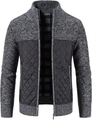 LCMTWX Men's Thick Thermal Winter Jacket Stand Collar Knitted Splice Sweater Coat Casual Cardigan Stylish Mens Puffer