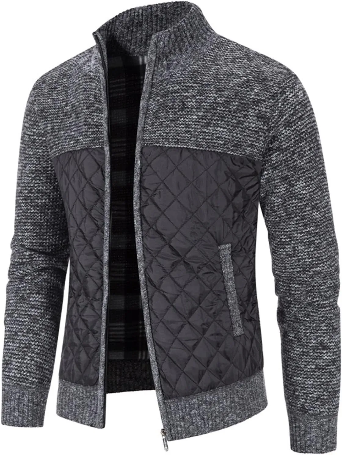 LCMTWX Men's Thick Thermal Winter Jacket Stand Collar Knitted Splice Sweater Coat Casual Cardigan Stylish Mens Puffer