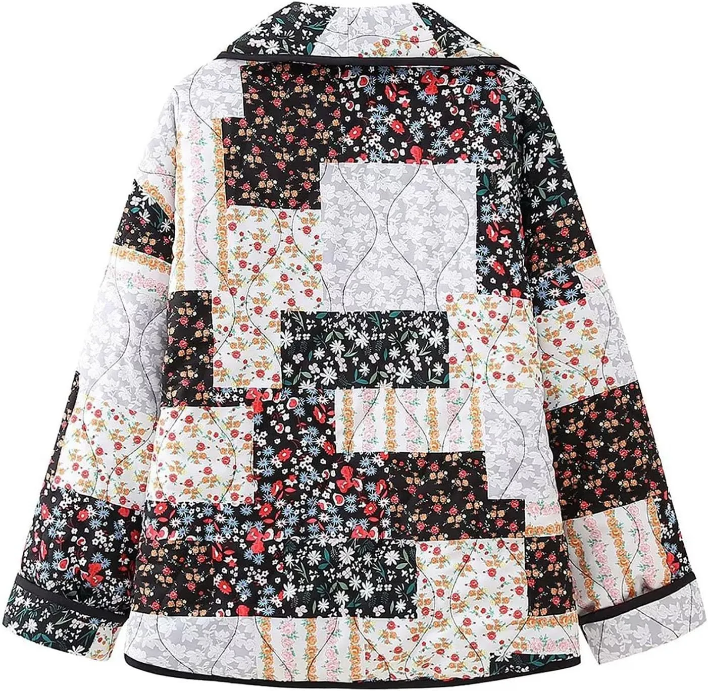 lcziwo Women's Oversized Quilted Jacket Floral Cardigan Coat Long Sleeve Lapel Cotton Padded Open Front Winter Outerwear