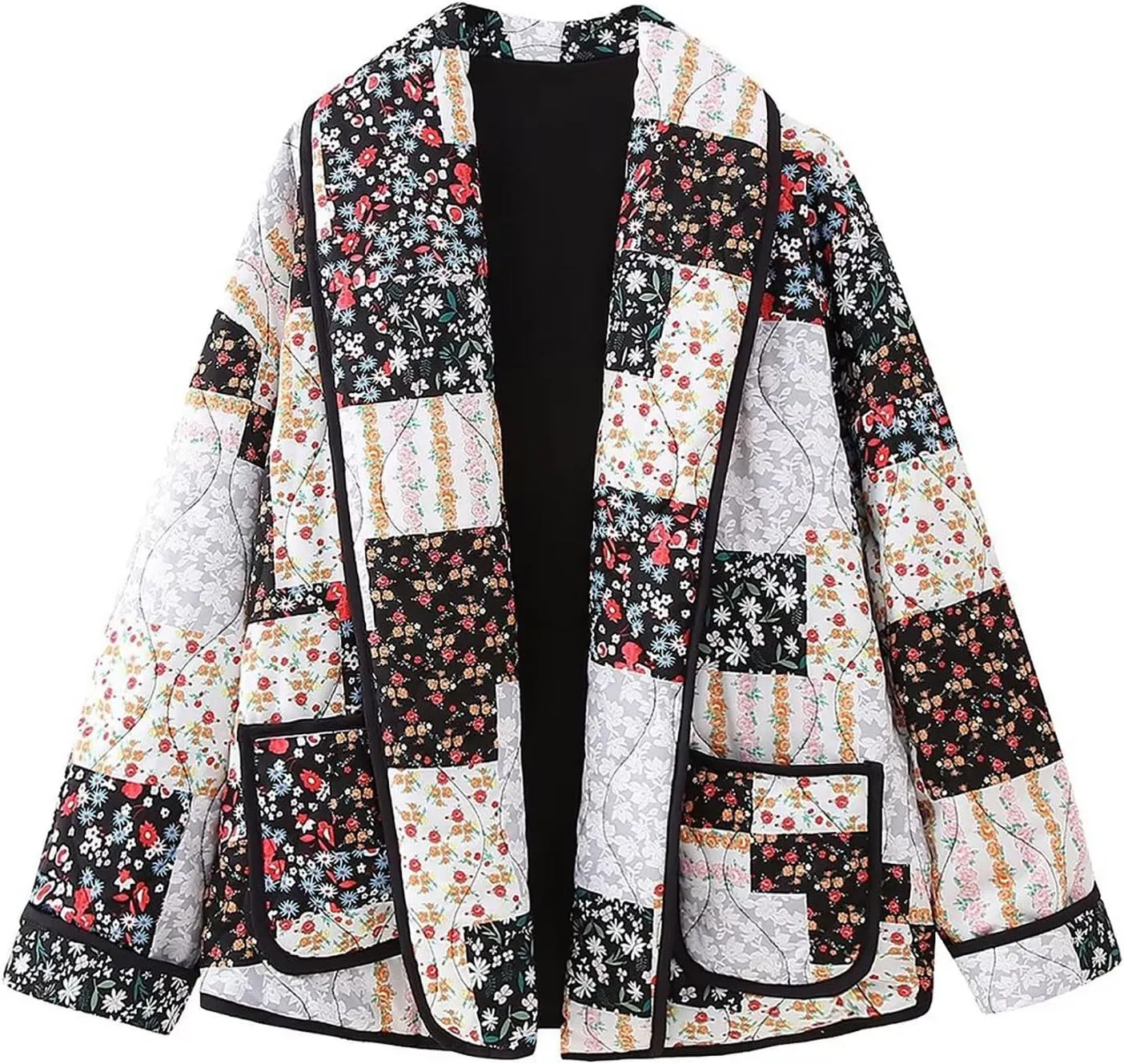 lcziwo Women's Oversized Quilted Jacket Floral Cardigan Coat Long Sleeve Lapel Cotton Padded Open Front Winter Outerwear