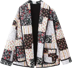 lcziwo Women's Oversized Quilted Jacket Floral Cardigan Coat Long Sleeve Lapel Cotton Padded Open Front Winter Outerwear