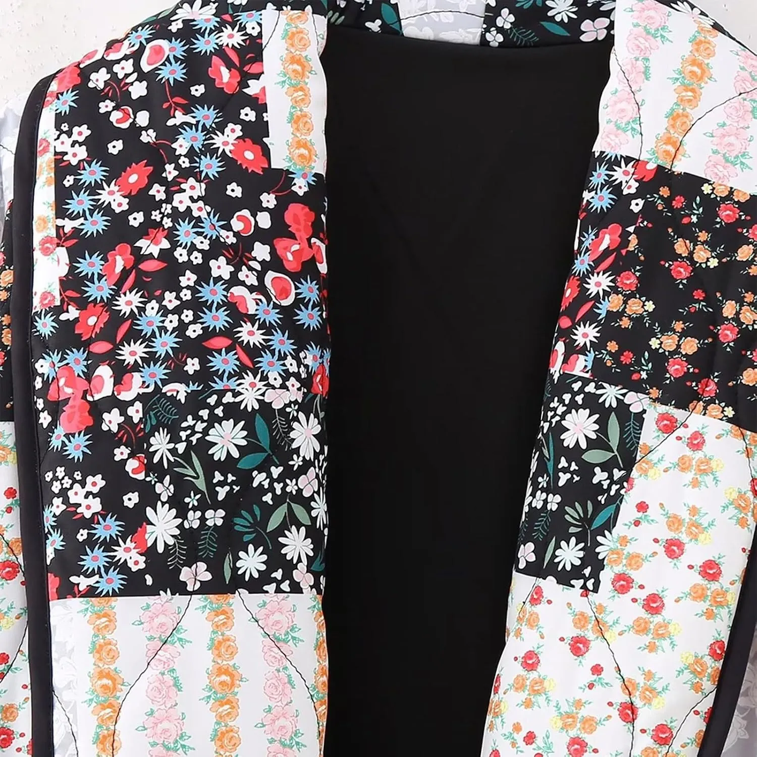 lcziwo Women's Oversized Quilted Jacket Floral Cardigan Coat Long Sleeve Lapel Cotton Padded Open Front Winter Outerwear