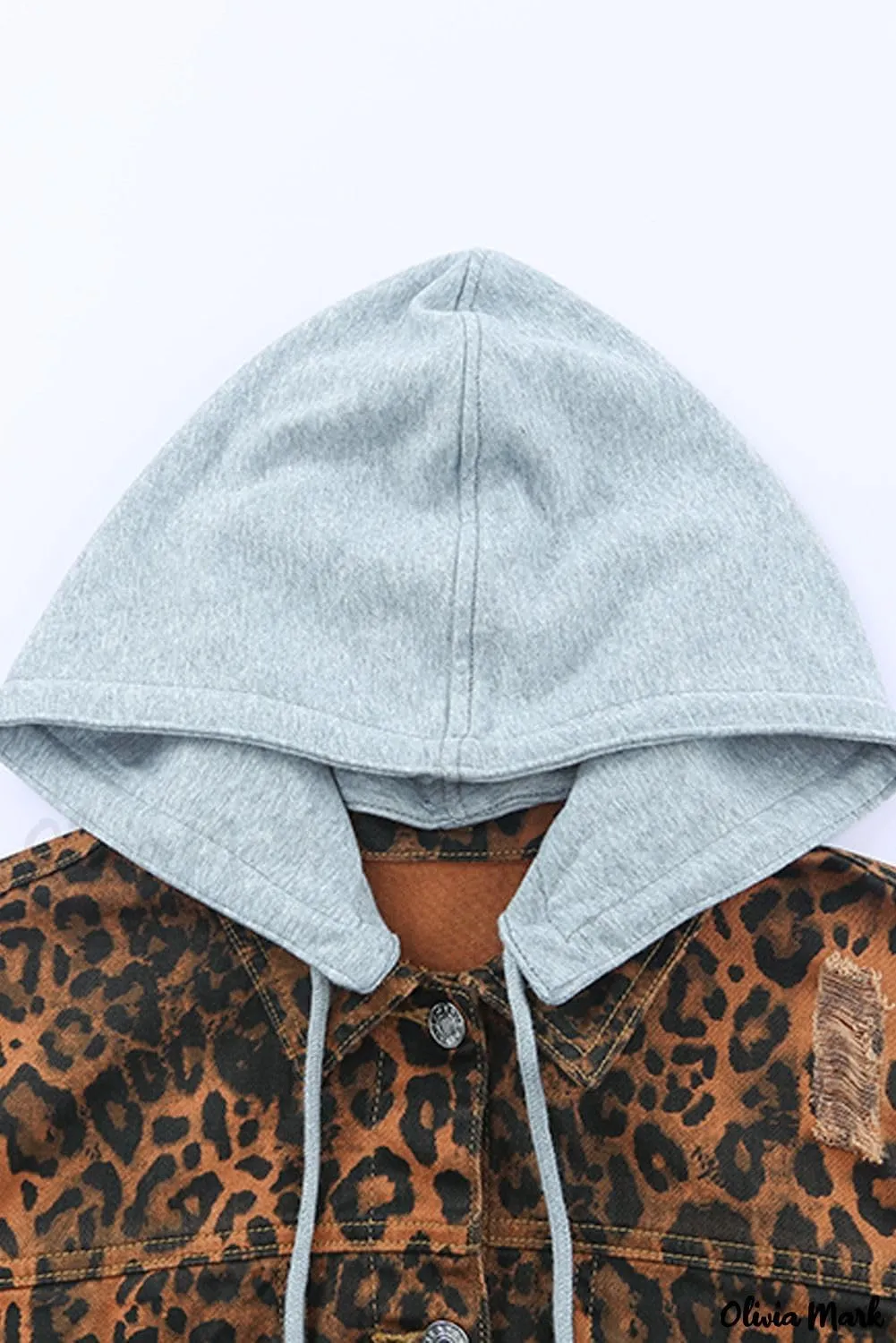 LifeShe Women's denim jacket with hood leopard print distressed ripped jean jackets Hoodie fringe hem