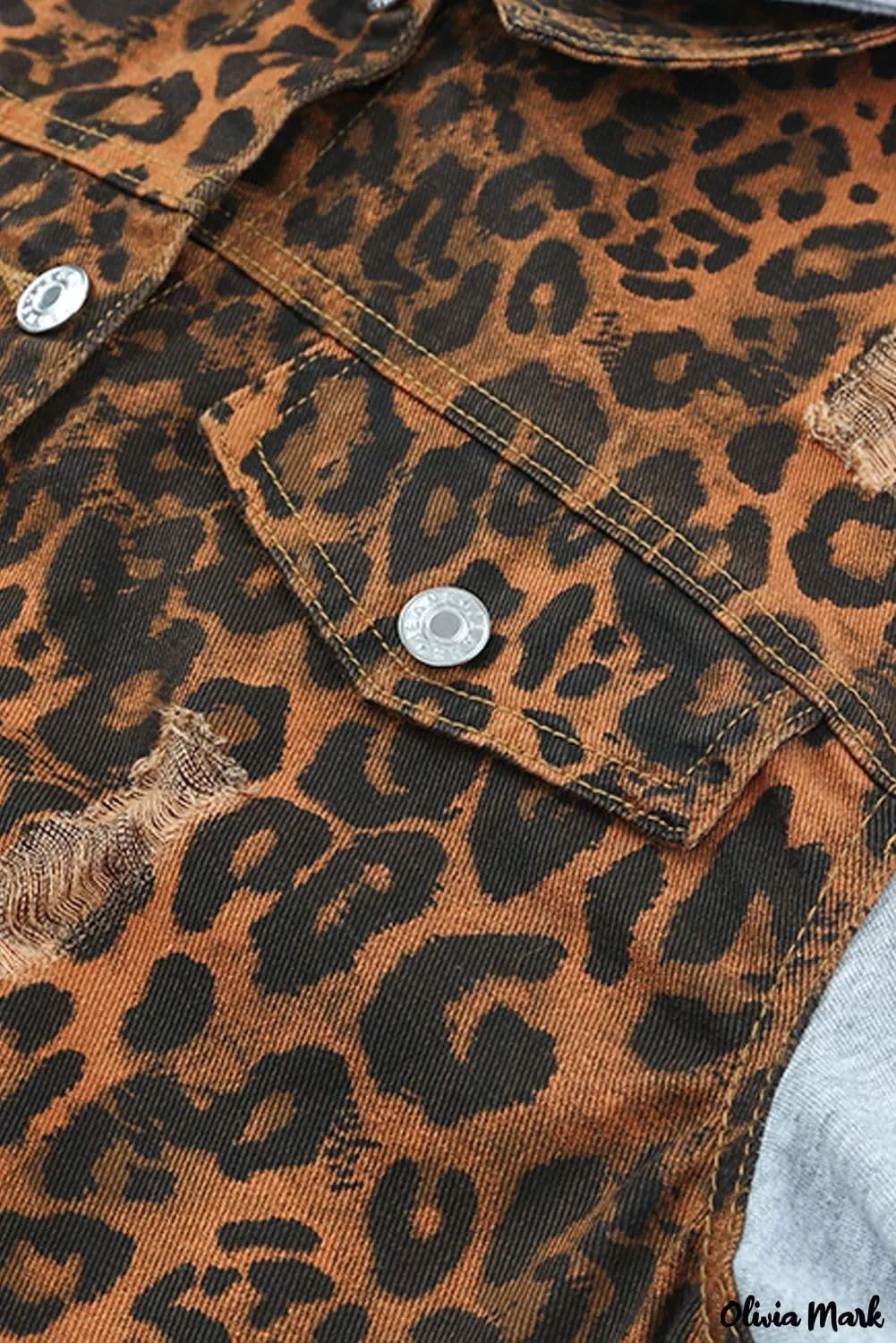 LifeShe Women's denim jacket with hood leopard print distressed ripped jean jackets Hoodie fringe hem