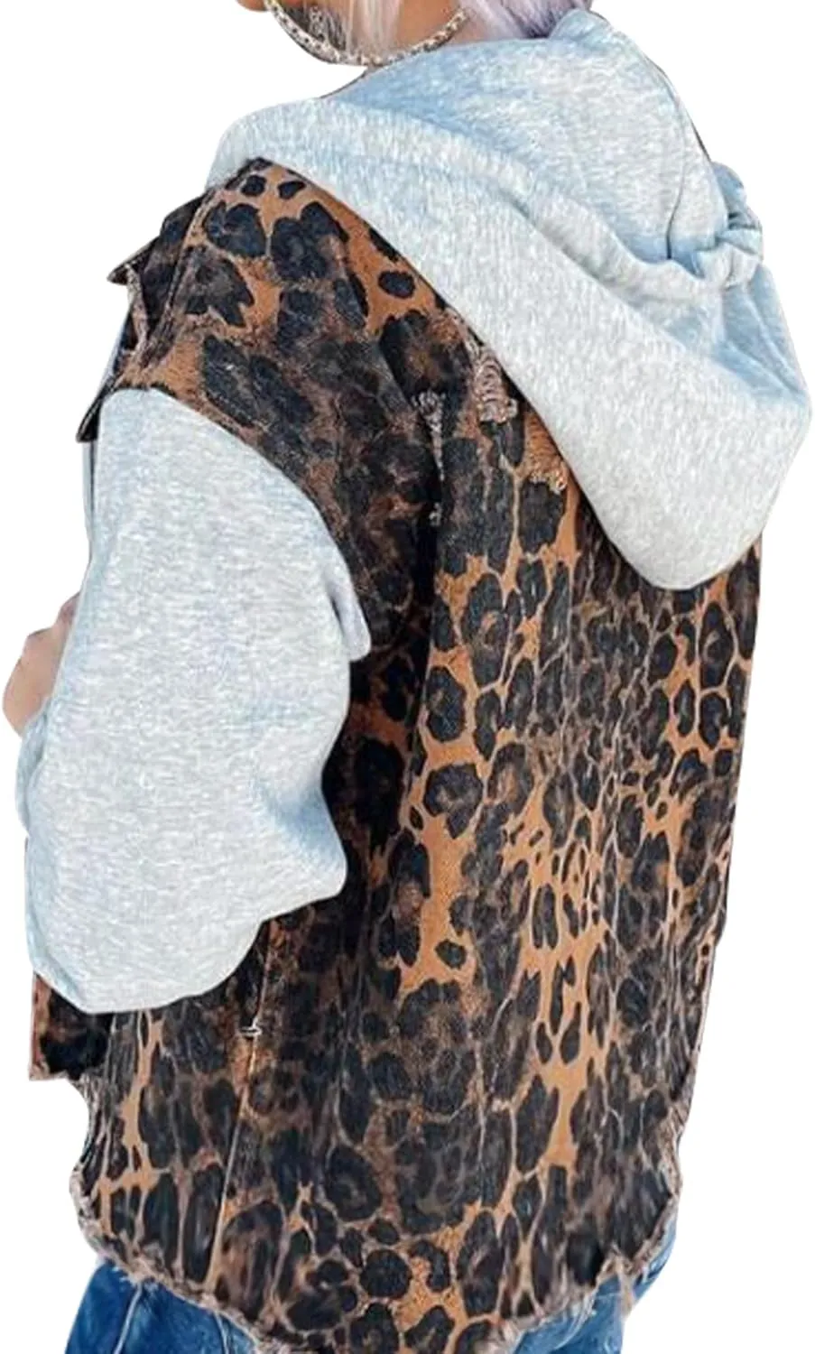 LifeShe Women's denim jacket with hood leopard print distressed ripped jean jackets Hoodie fringe hem